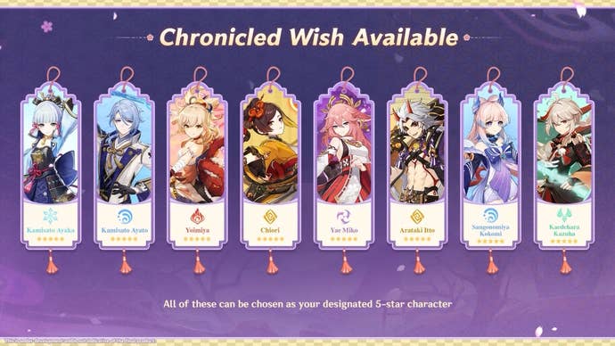 The Chronicled Wish Banner characters in version 5.6 of Genshin Impact.