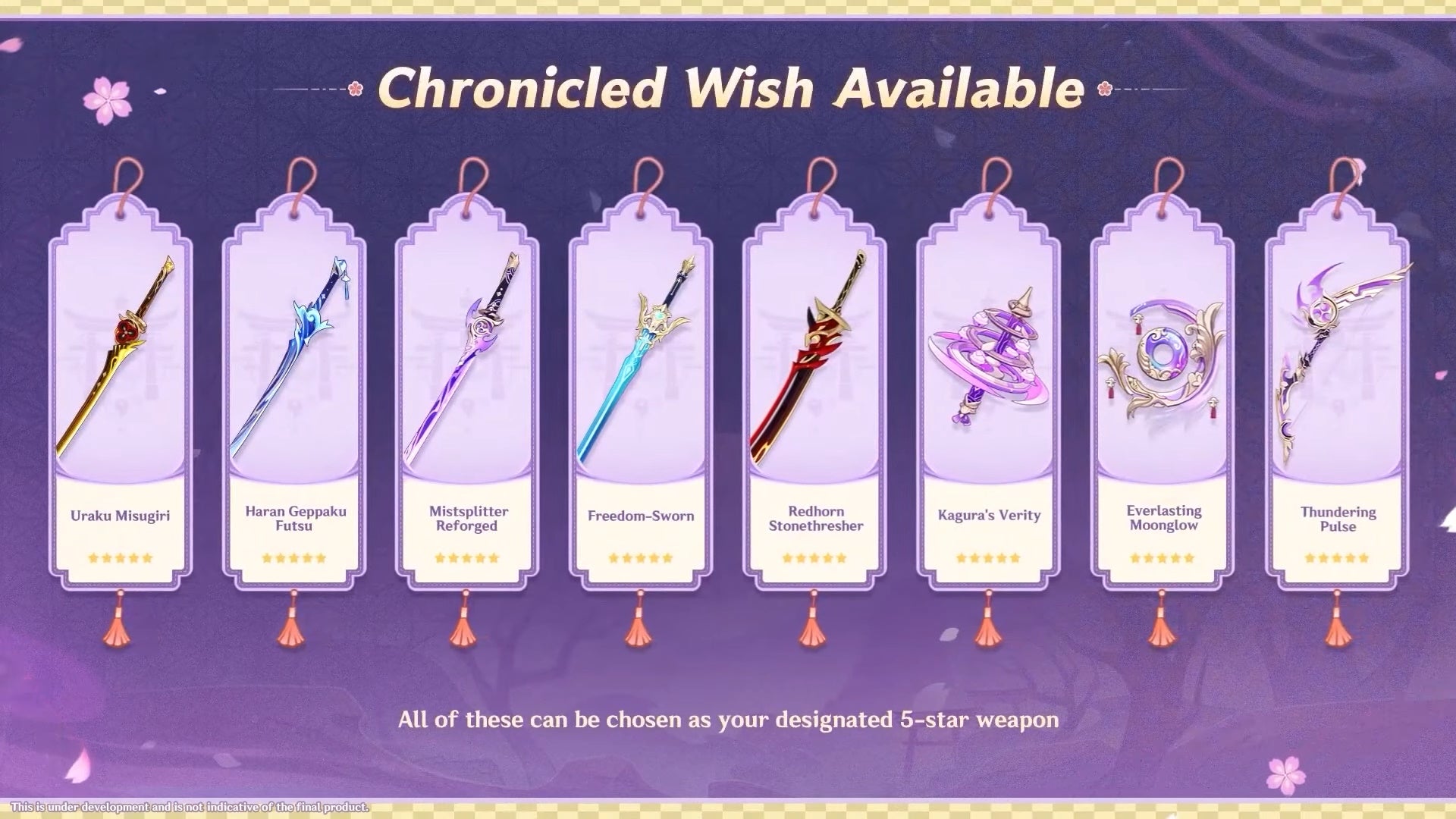 The Chronicled Wish Banner weapons in version 5.6 of Genshin Impact.