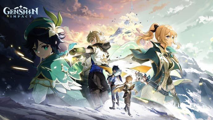 Promotional artwork for version 5.6 of Genshin Impact with Venti, Jean, Kaeya, and Albedo.