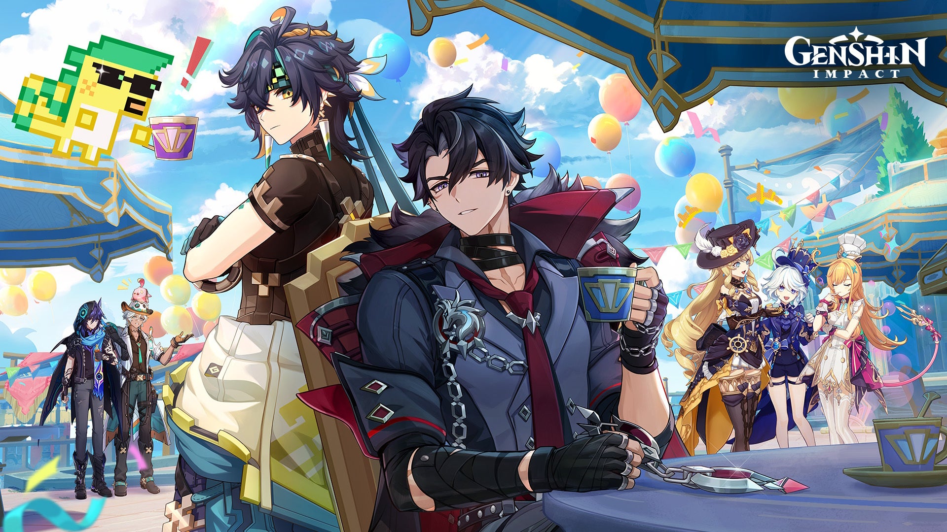 Alternative promotional artwork for version 5.6 of Genshin Impact with Wriothesley, Kinich, Navia, Furina, Ororon, and Ifa.