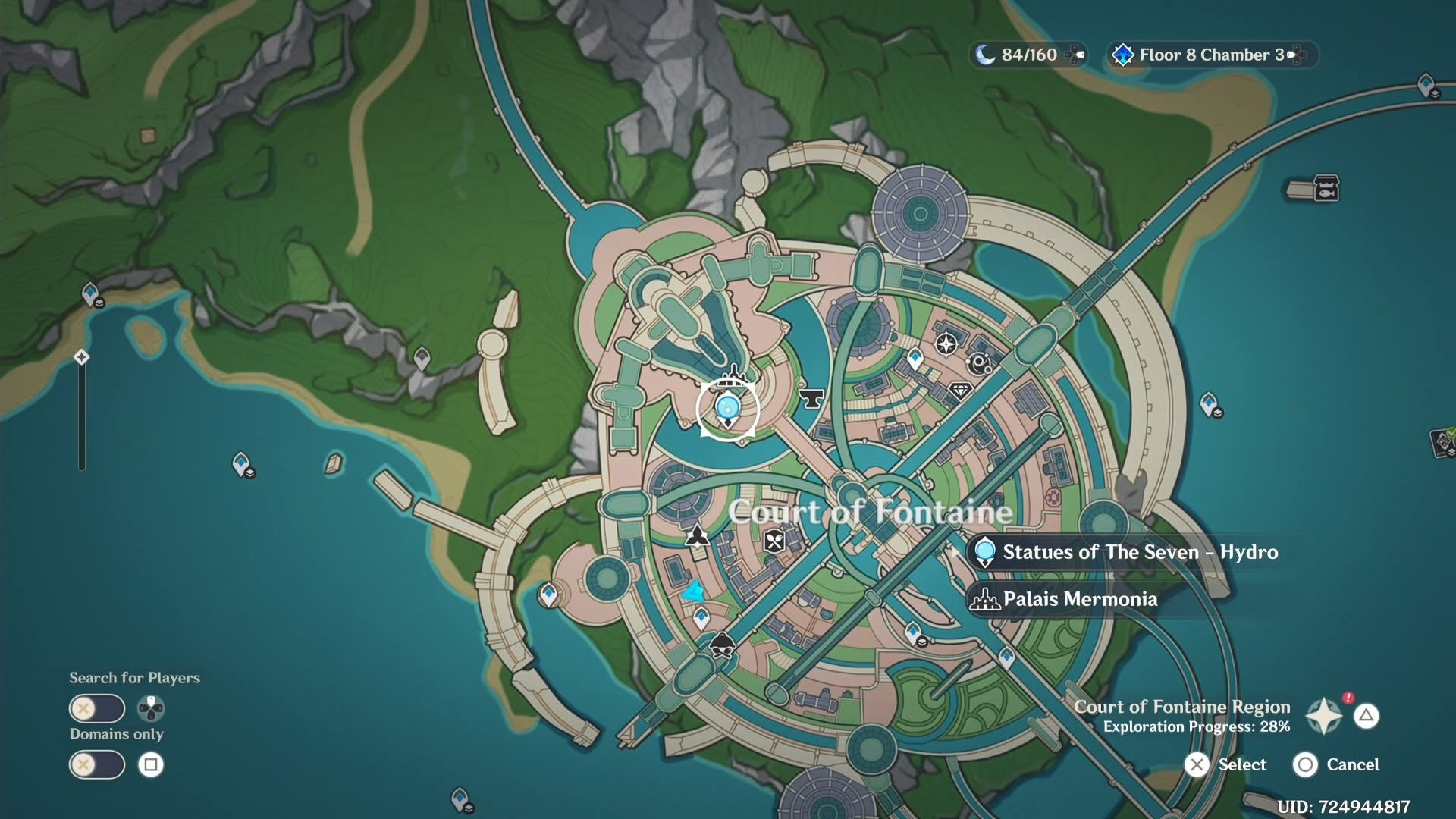 Map highlghting a statue of seven near the palais mermonia in Fontaine.