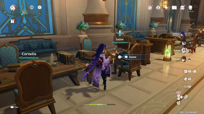 Raiden shogun playable character beside ianune sitting down in the palais mermonia.