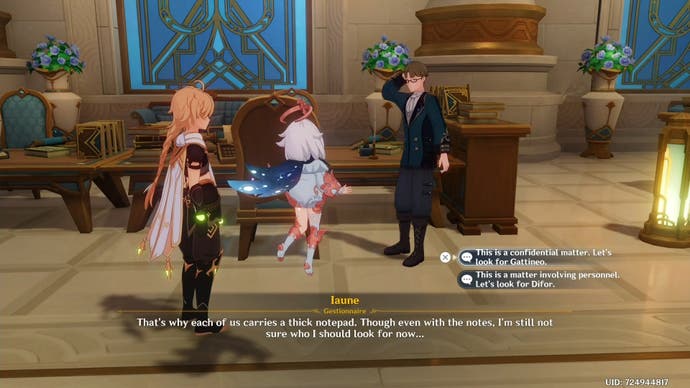 The traveler and paimon speaking with ianune in the palais mermonia.