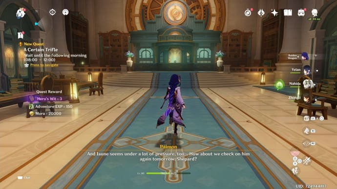 Raiden shogun playable character standing in the middle of the palais mermonia with rewards noted to the left and paimon text saying to wait until the morning.