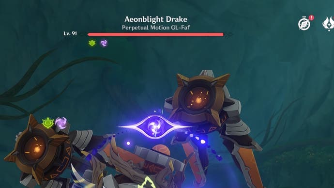 cropped view of the aeonblight drake enemy's health bar with dendro and electro signs below it showing the quicken aura is applied