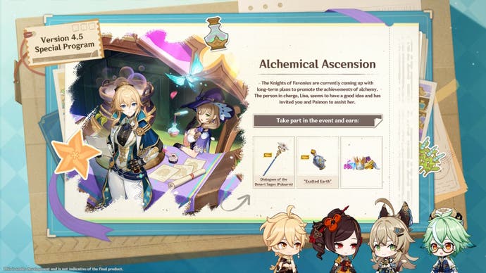 Genshin Impact 4.5 event Alchemical Ascension details and artwork from 4.5 livestream.