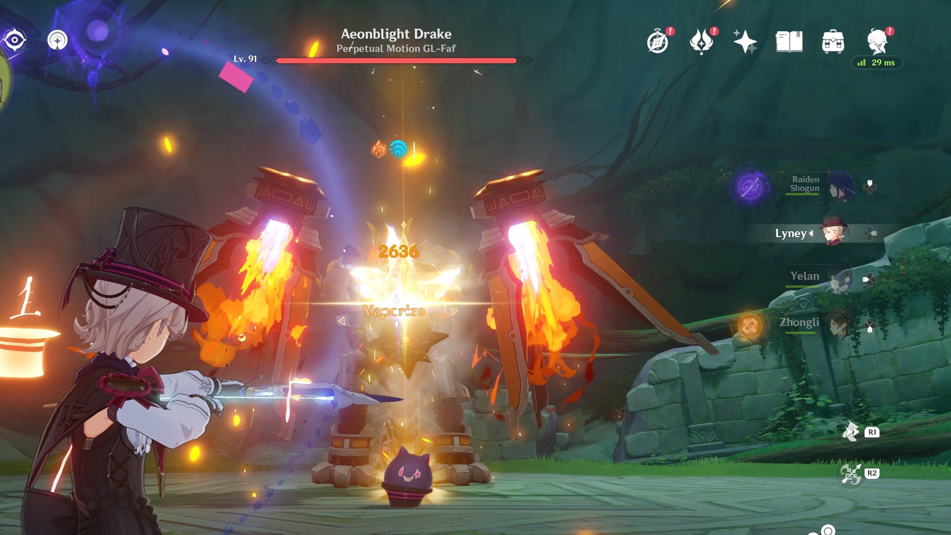 cropped view of lyney using pyro from his bow on the aeonblight drake enemy with a wet aura applied, so the vaporize reaction happens