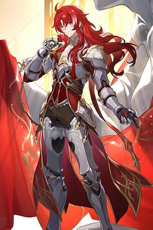 cropped splash art of argenti, a man with long red hair in a white suit fo armor tinged with red