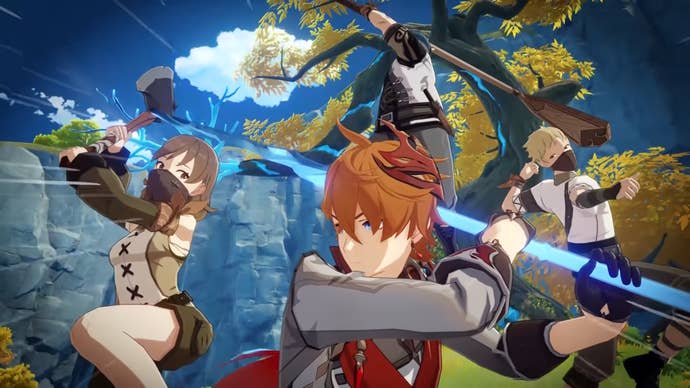 Childe about to use his weapon on three treasure hunter human enemies attacking him in Genshin Impact.