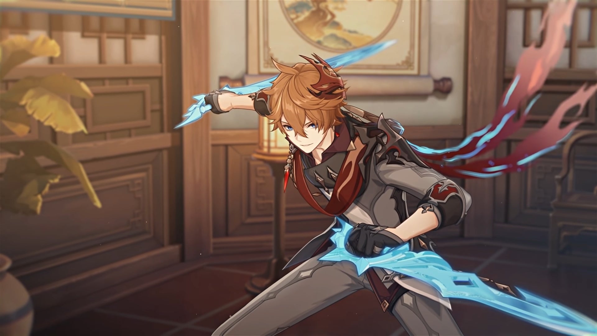Childe brandishing his short swords in Genshin Impact.