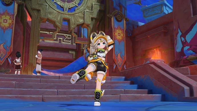 Kachina posing in front of the Stadium of the Sacred Flame in Genshin Impact.