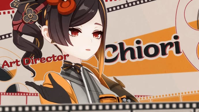 Chiori in the trailer ofr version 4.4, on a white and orange filmreel-style background and 'Art Director' displayed to her left.