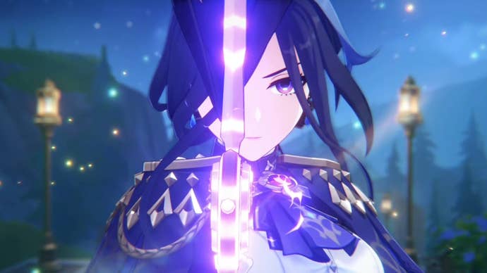 Clorinde from Genshin Impact holding her sword up to her face while it glows with purple electric energy.