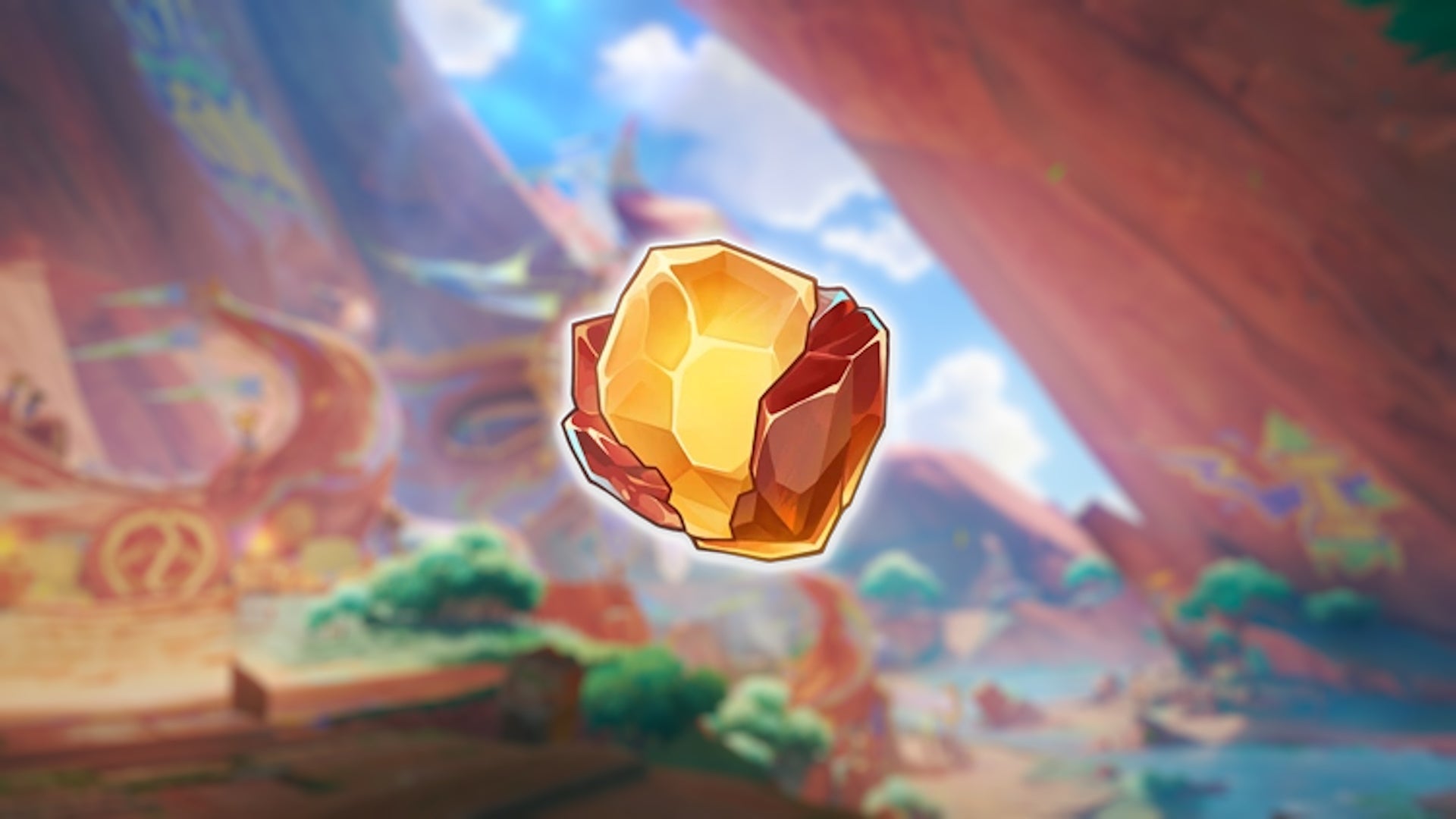 Dracolite on a blurred background of the Collective of Plenty tribe settlement in Genshin Impact.