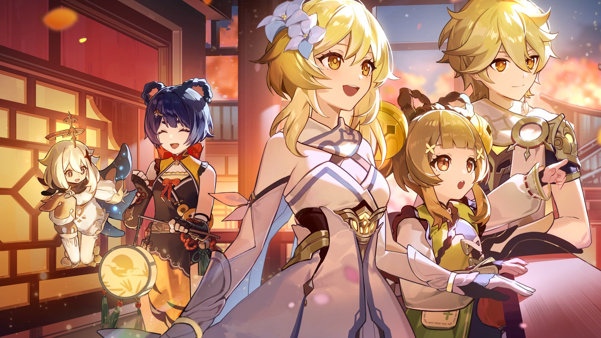 official lantern rite artwork showing aether and lumine on either side of yaoyao looking out from a balcony in liyue, with paimon and Xiangling behind them