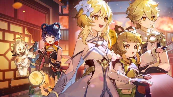 official lantern rite artwork showing aether and lumine on either side of yaoyao looking out from a balcony in liyue, with paimon and Xiangling behind them