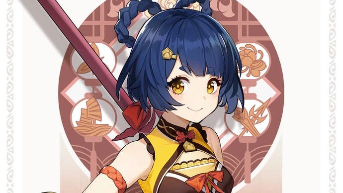 cropped drip marketing for xiangling, who is a short blue haired lady with a staff