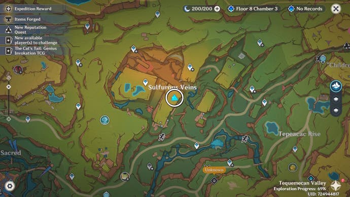 A circle on the Natlan map in Genshin Impact showing the locations of Embercore flowers.