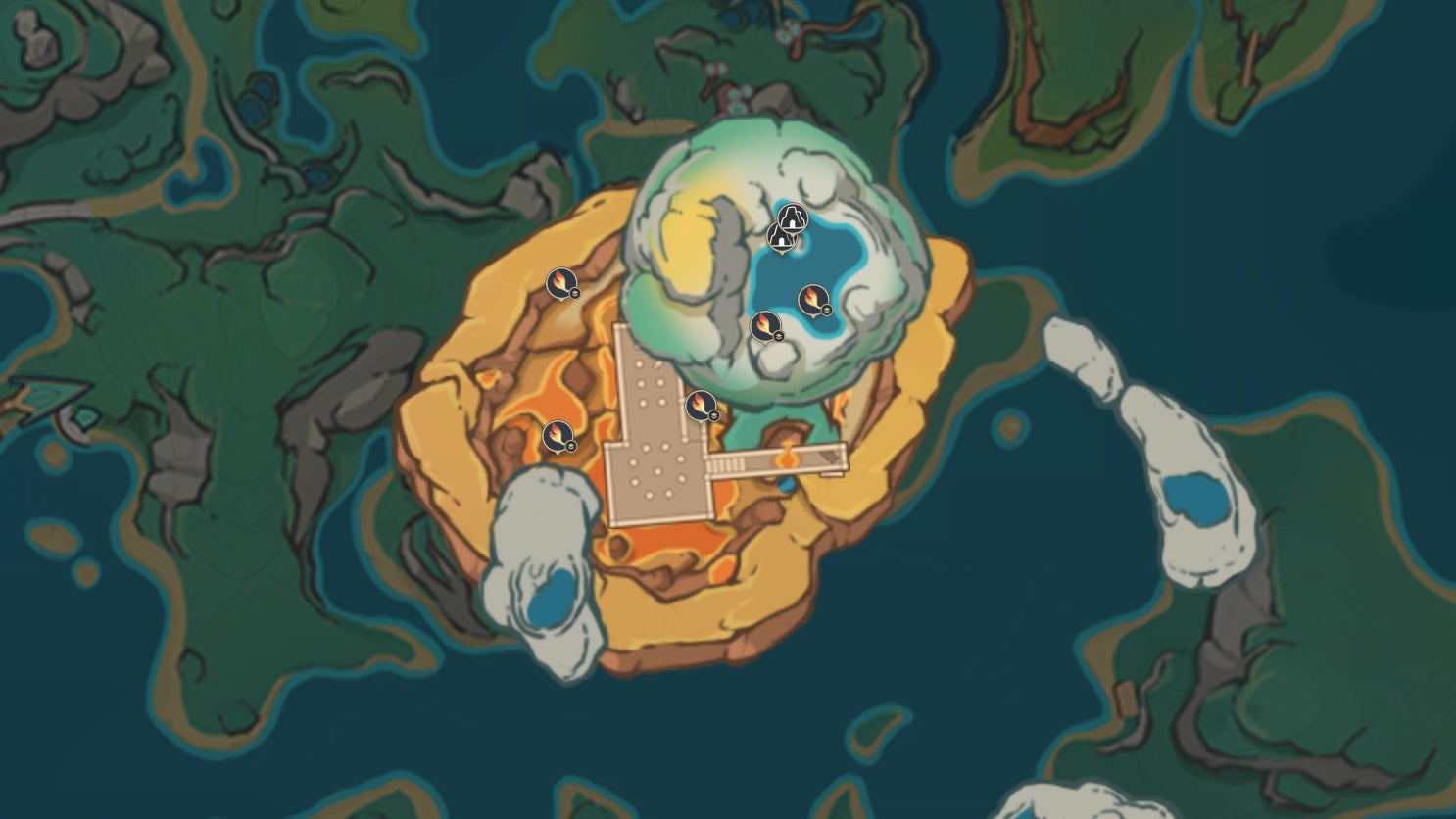 Map of Embercore Flower locations in the Toyac Springs area in Genshin Impact.