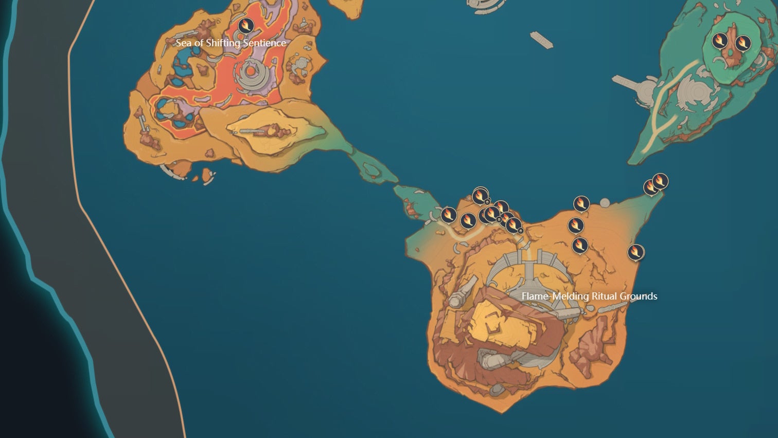 Map view of Embercore Flower locations in the Ancient Sacred Mountain area of Natlan in Genshin Impact.