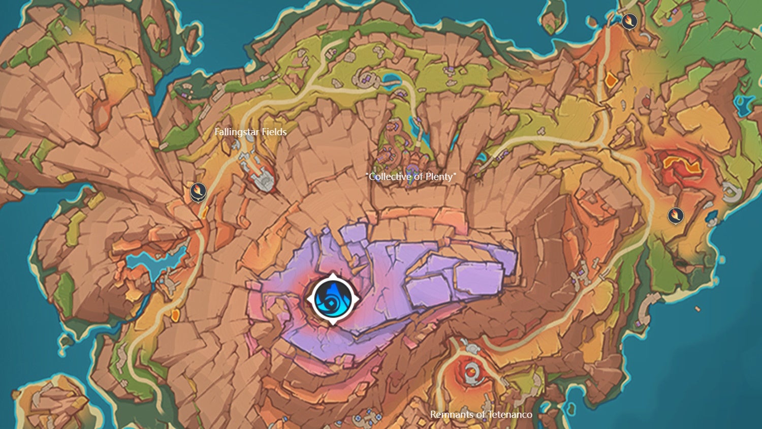 Map view of Emberflower locations in the Atocpan region of Natlan in Genshin Impact.