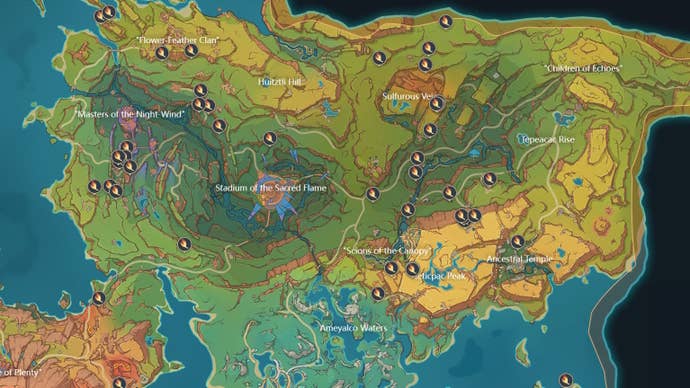 Map view of Emberflower locations in the central landmass region of Natlan in Genshin Impact.