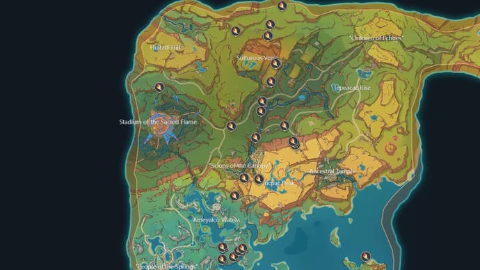 Embercore Flower Locations Map in Genshin Impact.
