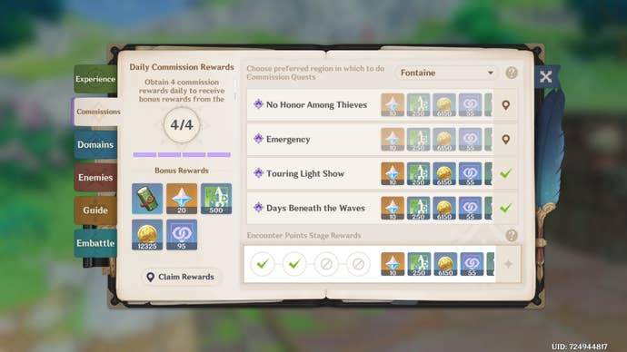 menu of comissions part of adventurers handbook with some daily comissions and encounter points completed