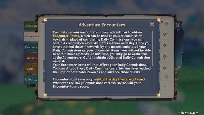 menu image explaining how encounter points work