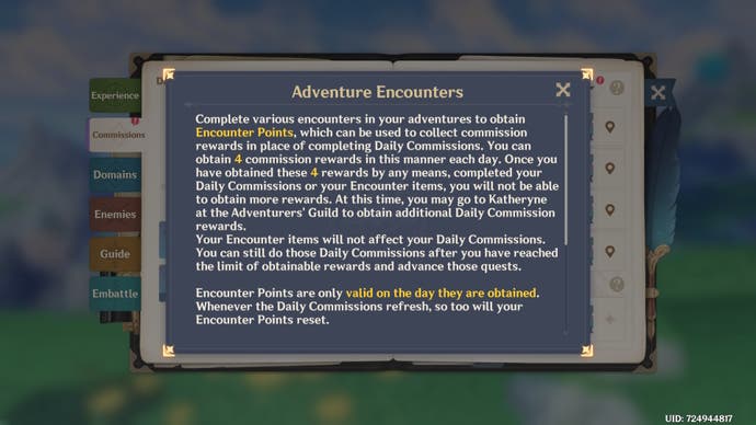menu image explaining how encounter points work