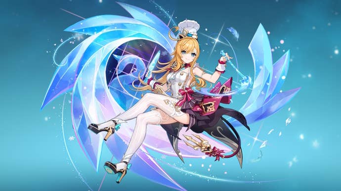 Escoffier splash art on a blurred blue background in Genshin Impact.