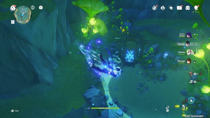 Yelan swimming towards a blue blowing fontaine shrine of the depth underwater.