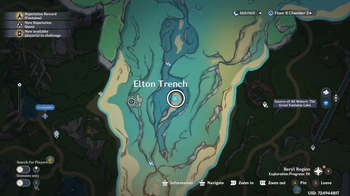 Map of a fontaine shrine of the depth location circled.