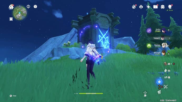 Yelan in front of a blue glowing fontaine shrine of the depth on a grassy hill.