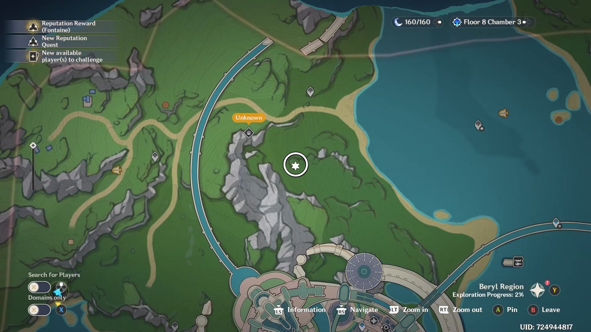 Map of a fontaine shrine of the depths location circled.