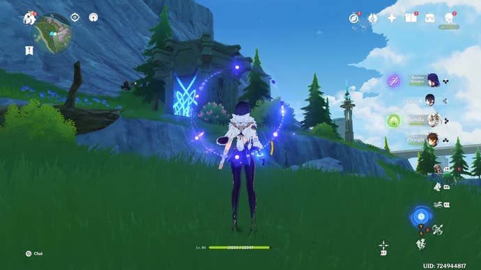 Yelan standing below a small rocky ledge with a blue glowing fontaine shrine of the depths on the ledge.