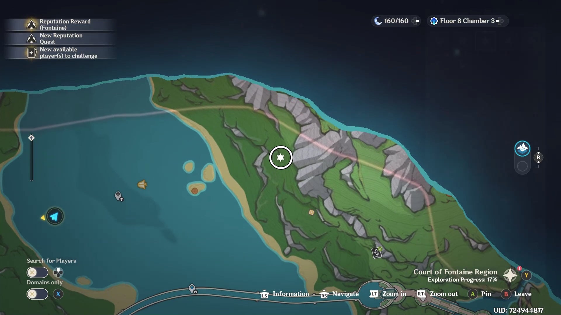 Map of a fontaine shrine of the depths location circled.