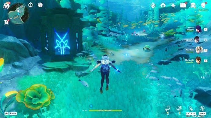 yelan character underwater looking at a fontaine shrine of depth