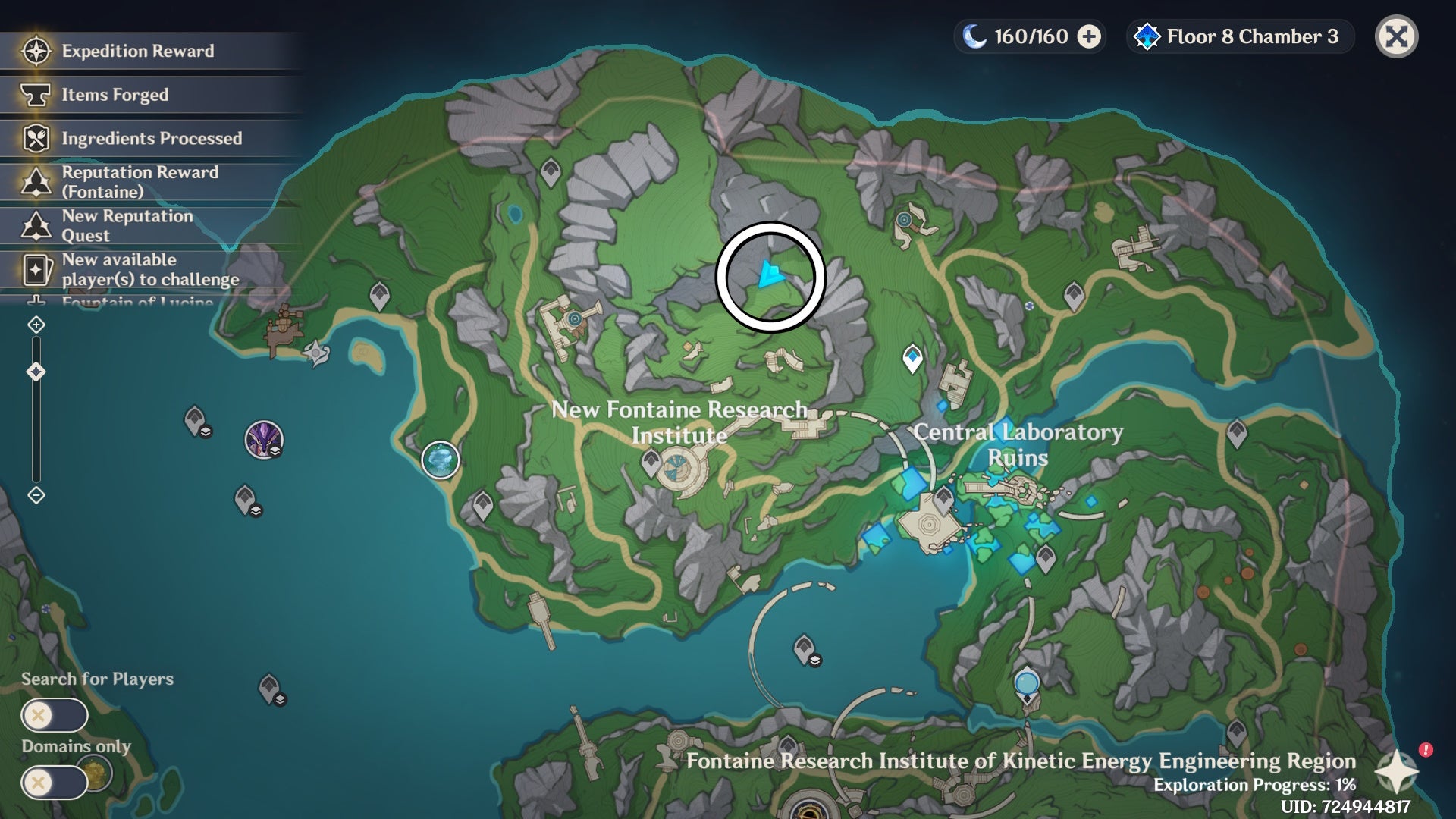 map of fontaine with a shrine of depth location circled