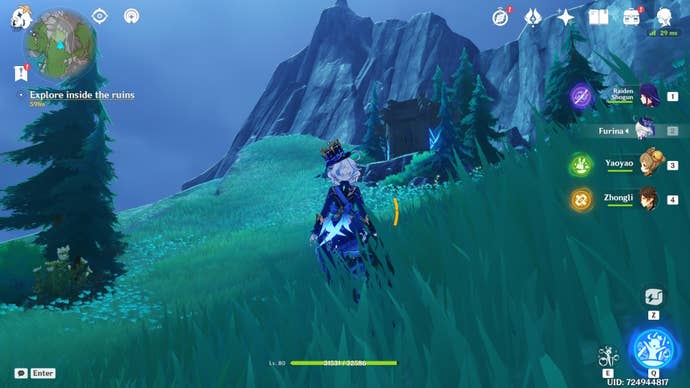 furina character standing in a grassy hill looking at a shrine of depth below a cliff