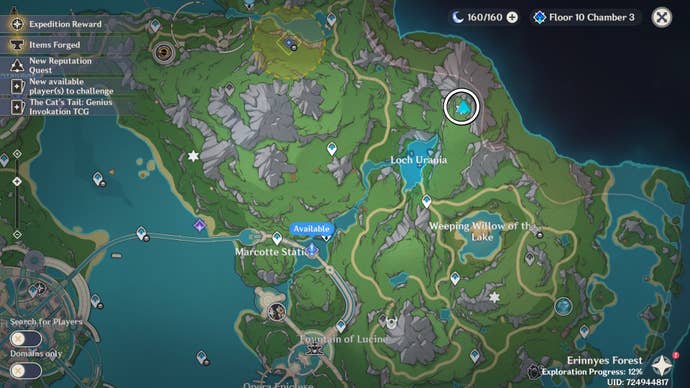 map view of fontaine with a shrine of the depths location circled