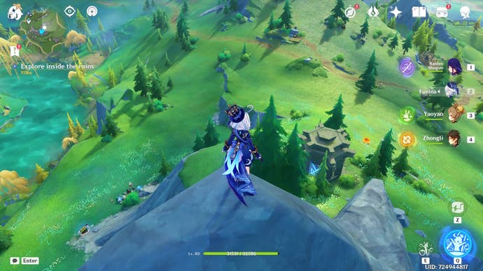 furina character standing on top of a narrow cliftop and looking down at a shrine of depth on a hill beside a lake