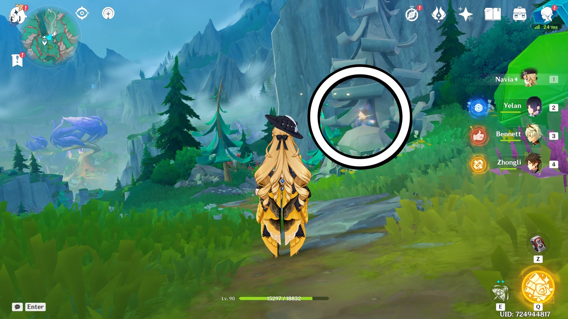 A white circle showing a floating Jubilant Feather location in Genshin Impact.