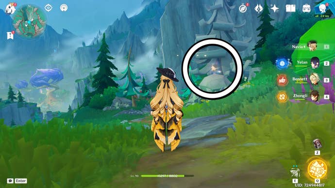 A white circle showing a floating Jubilant Feather location in Genshin Impact.