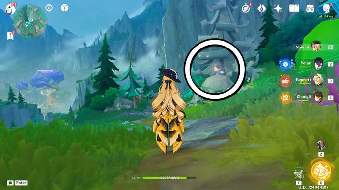 A white circle showing the location of a floating Jubilant Feather in Genshin Impact.