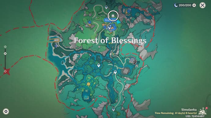 White circle on the Simulanka map in Genshin Impact showing the location of a Jubilant Feather.