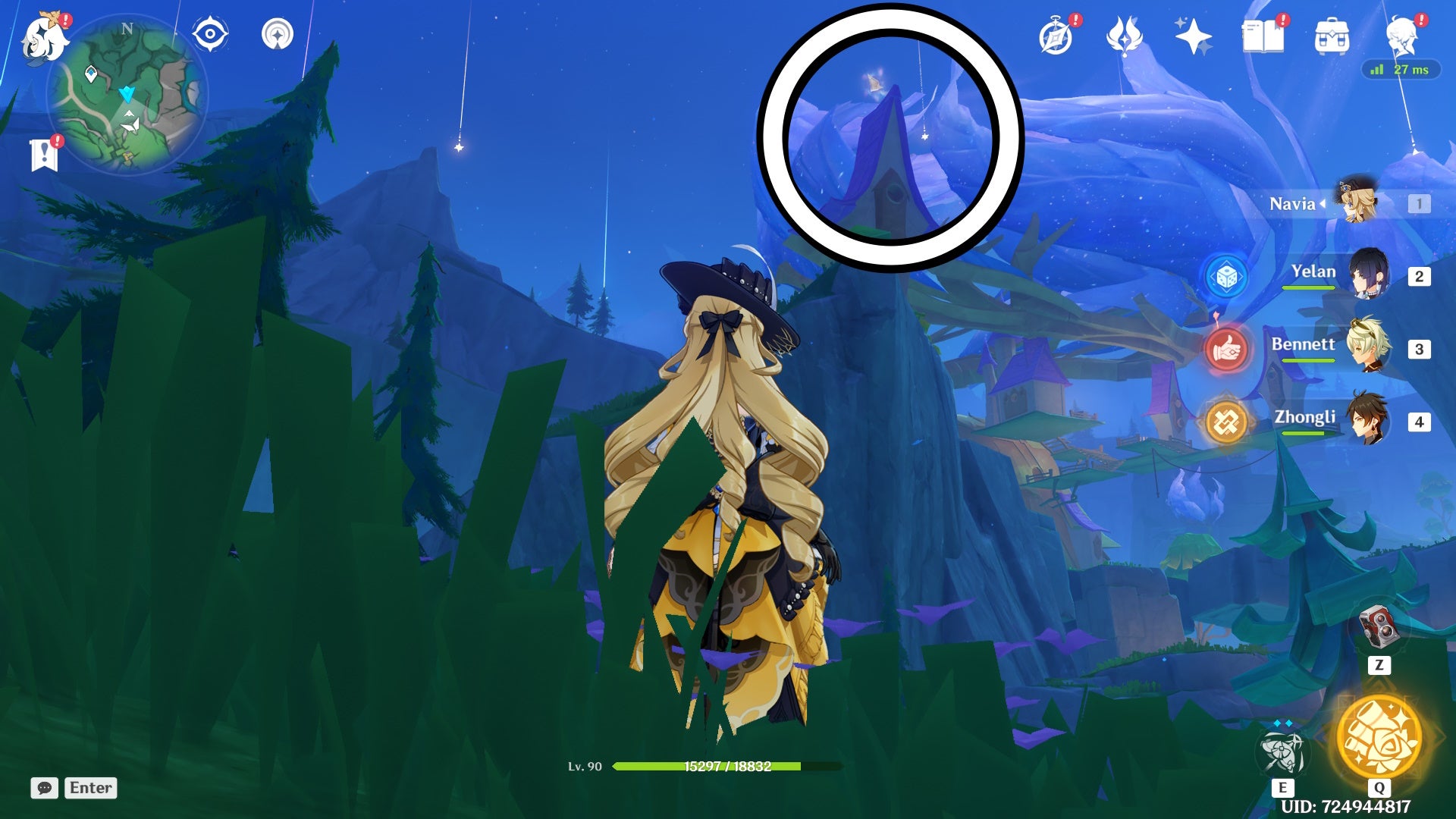 A white circle showing a floating Jubilant Feather location in Genshin Impact.