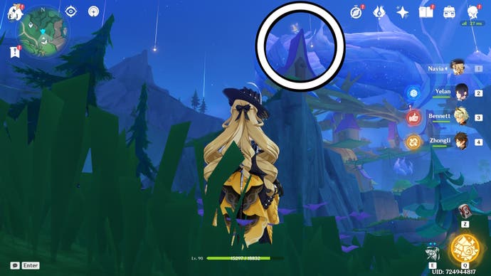 A white circle showing the location of a floating Jubilant Feather in Genshin Impact.