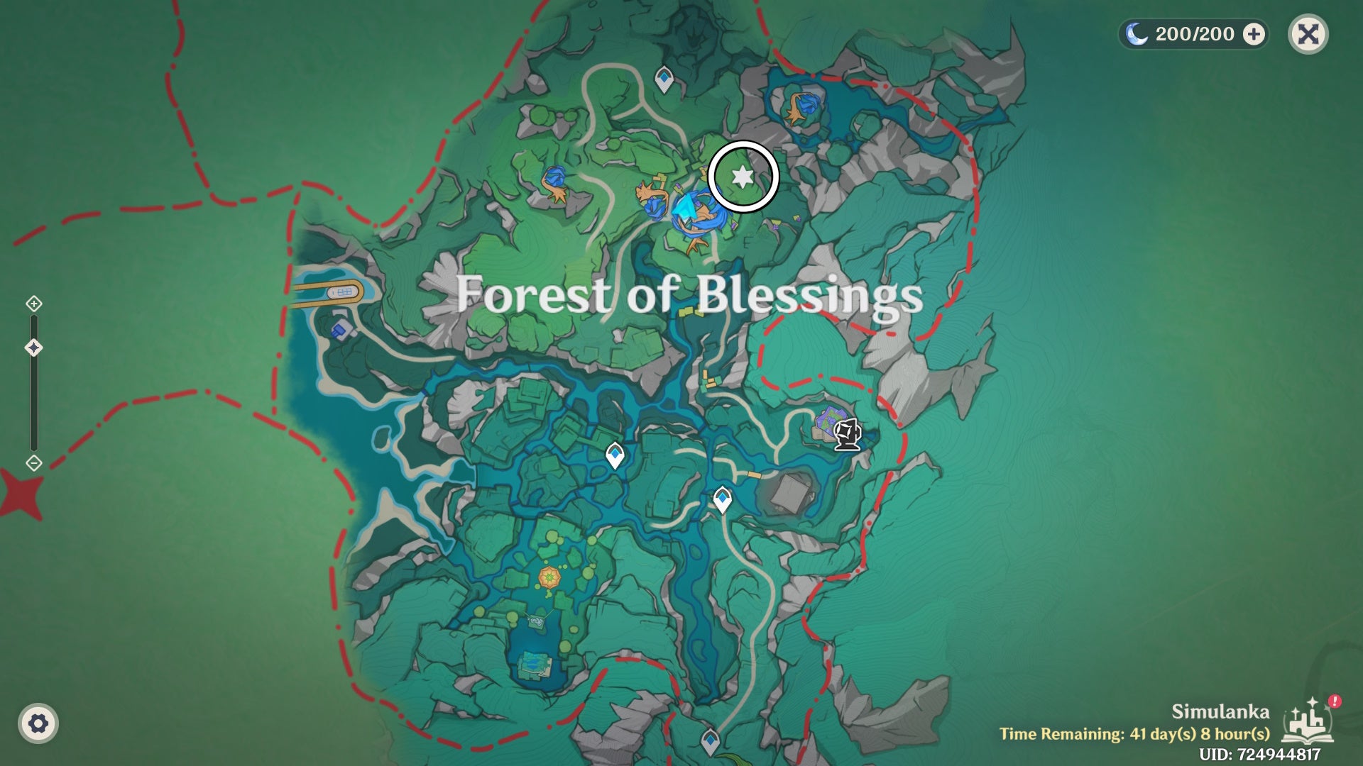 White circle on the Simulanka map in Genshin Impact showing a Jubilant Feather location.