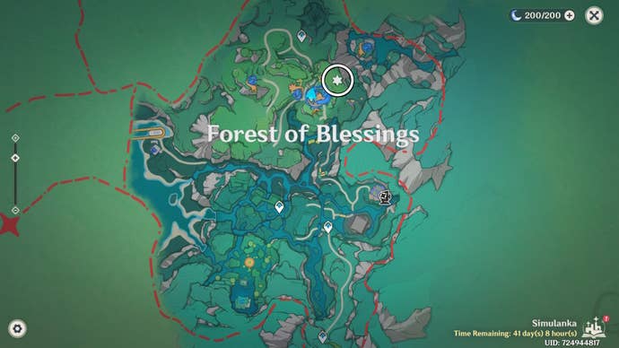 White circle on the Simulanka map in Genshin Impact showing a Jubilant Feather location.